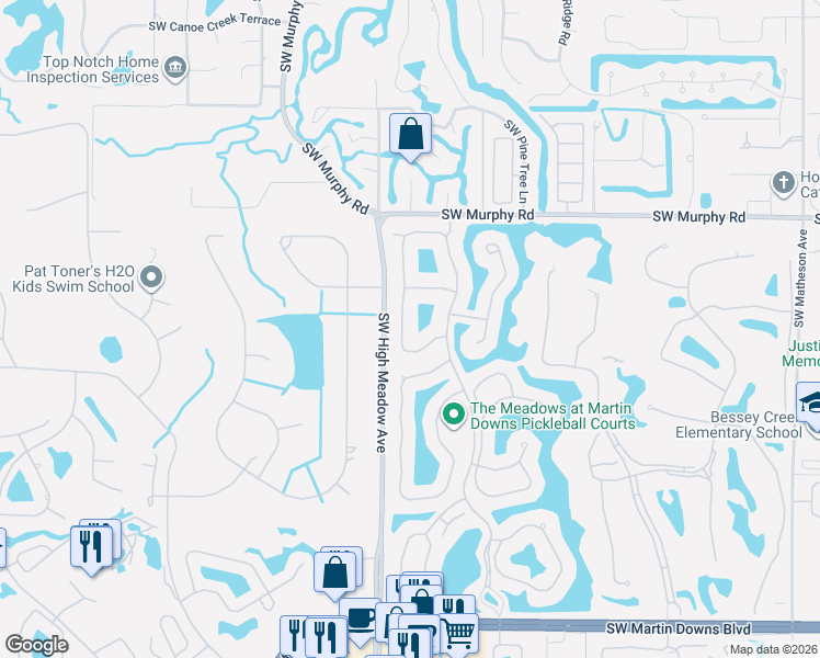 map of restaurants, bars, coffee shops, grocery stores, and more near 1608 Southwest Waterfall Boulevard in Palm City