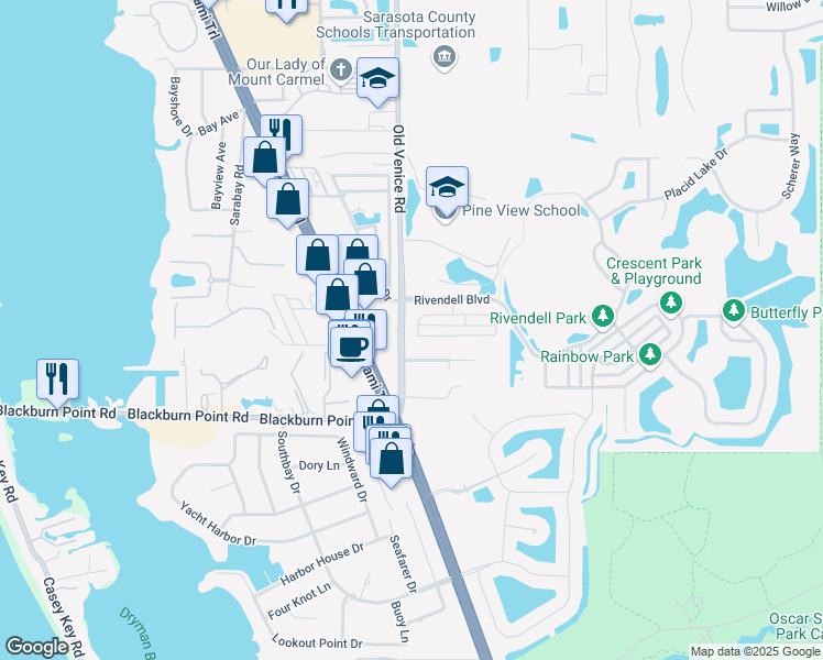 map of restaurants, bars, coffee shops, grocery stores, and more near 568 Meadow Sweet Circle in Osprey