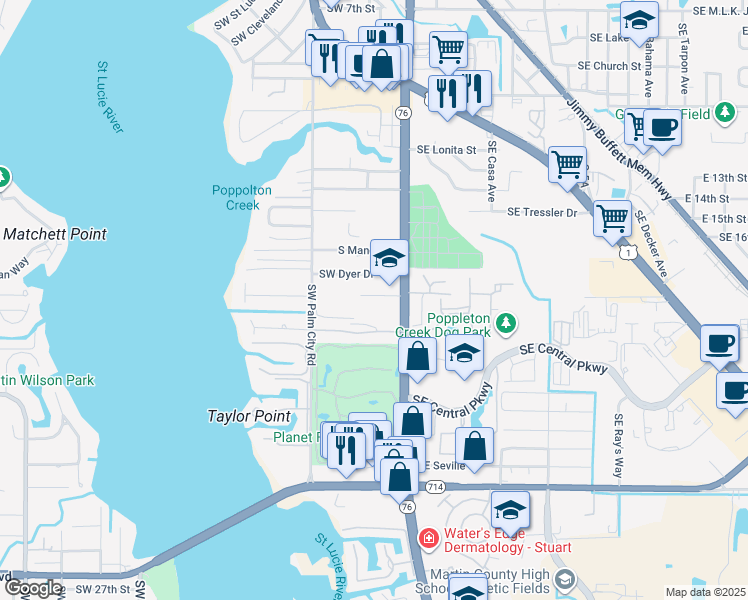 map of restaurants, bars, coffee shops, grocery stores, and more near 1634 South Kanner Highway in Stuart
