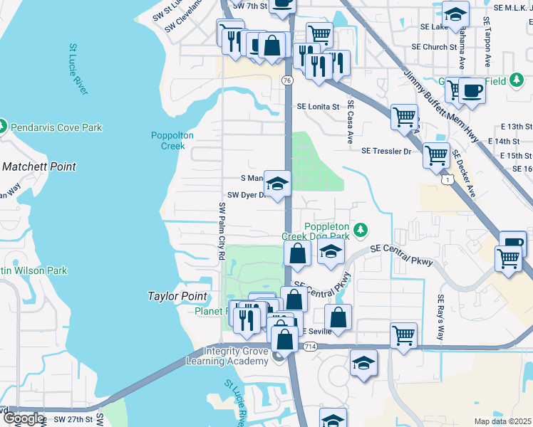 map of restaurants, bars, coffee shops, grocery stores, and more near 1634 South Kanner Highway in Stuart