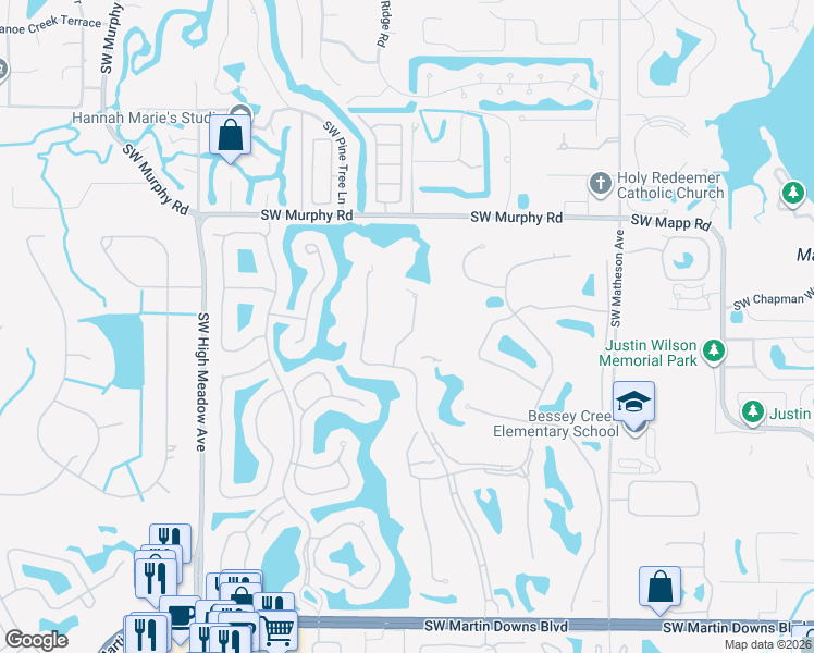 map of restaurants, bars, coffee shops, grocery stores, and more near 1830 Southwest Willowbend Lane in Palm City