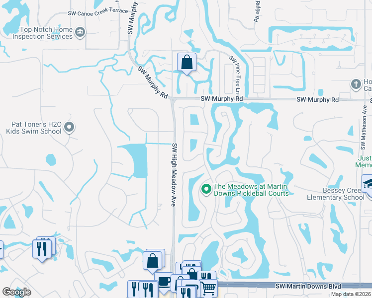 map of restaurants, bars, coffee shops, grocery stores, and more near 1834 Southwest Waterfall Boulevard in Palm City