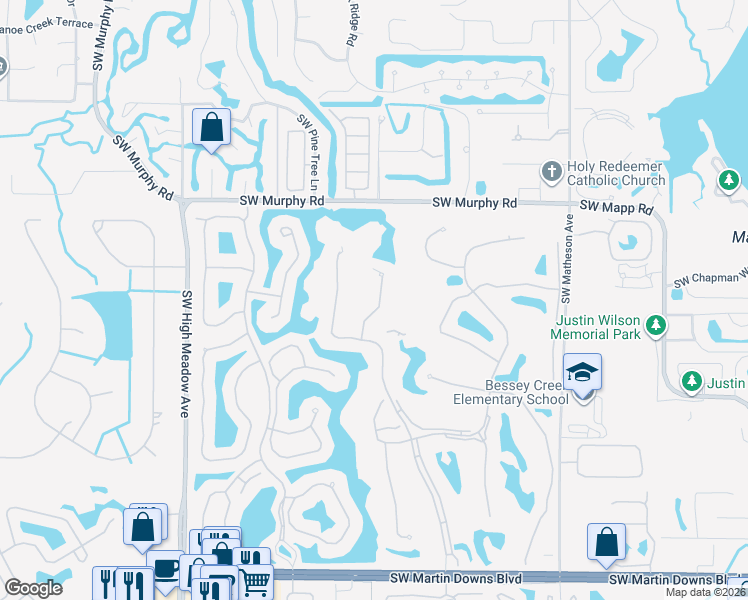 map of restaurants, bars, coffee shops, grocery stores, and more near 1830 Southwest Willowbend Lane in Palm City