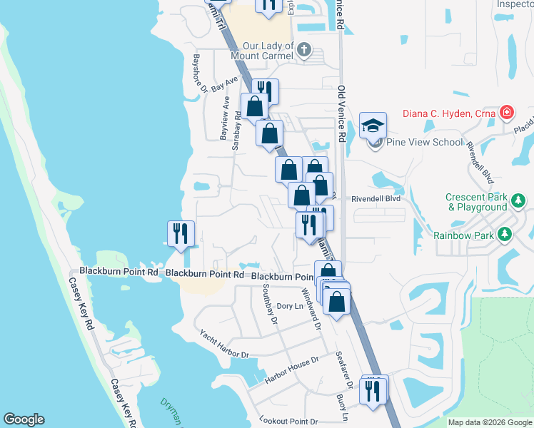 map of restaurants, bars, coffee shops, grocery stores, and more near 6 Mockingbird Lane in Osprey