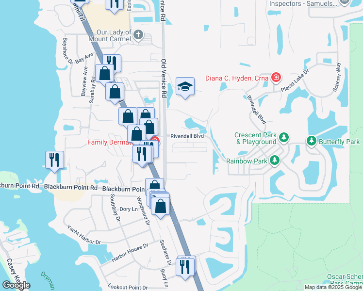 map of restaurants, bars, coffee shops, grocery stores, and more near 585 Meadow Sweet Circle in Osprey