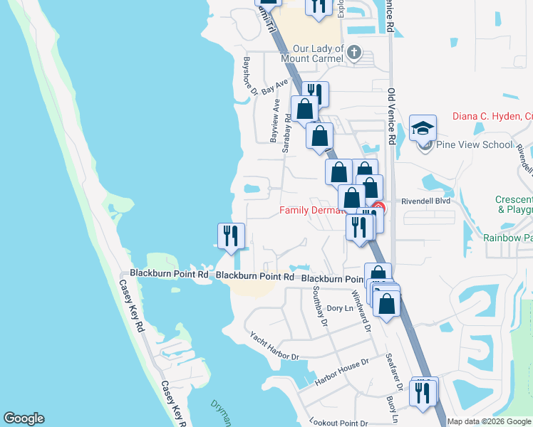 map of restaurants, bars, coffee shops, grocery stores, and more near 3924 Waypoint Avenue in Osprey