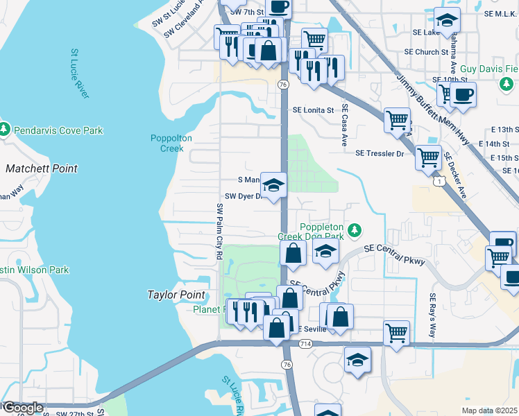 map of restaurants, bars, coffee shops, grocery stores, and more near 1634 South Kanner Highway in Stuart