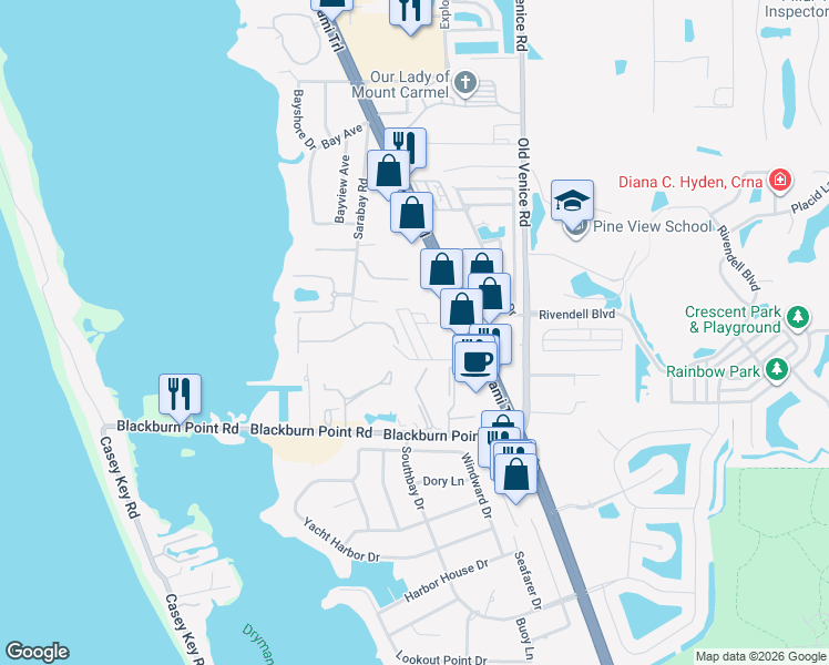 map of restaurants, bars, coffee shops, grocery stores, and more near 6 Mockingbird Lane in Osprey