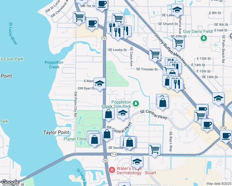 map of restaurants, bars, coffee shops, grocery stores, and more near 103 Southeast Beech Tree Lane in Stuart