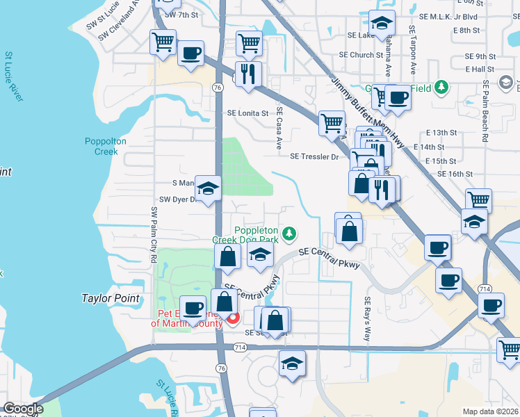 map of restaurants, bars, coffee shops, grocery stores, and more near 492 Southeast McDonald Lane in Stuart