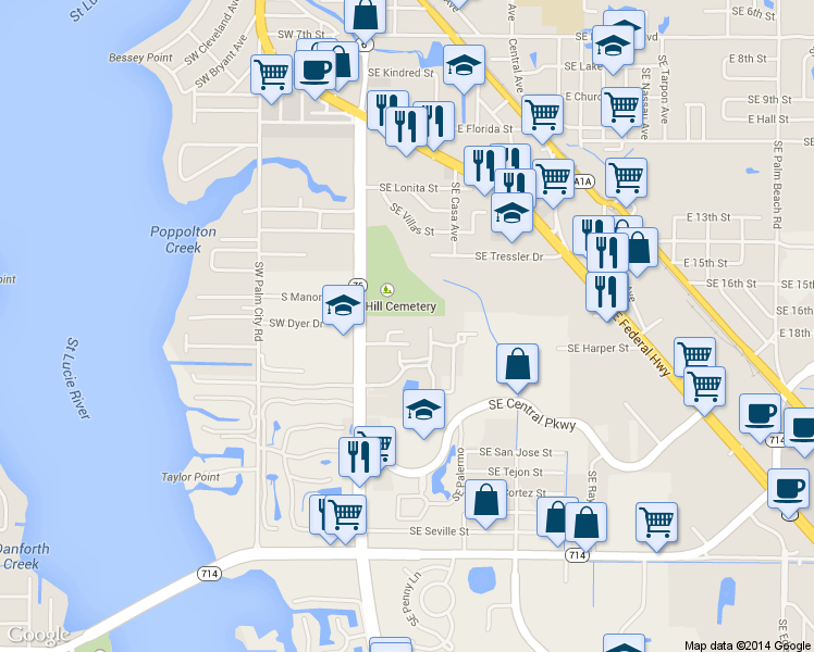 map of restaurants, bars, coffee shops, grocery stores, and more near 71 Southeast Beech Tree Lane in Stuart