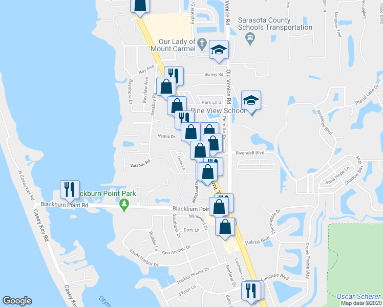 map of restaurants, bars, coffee shops, grocery stores, and more near 822 South Tamiami Trail in Osprey