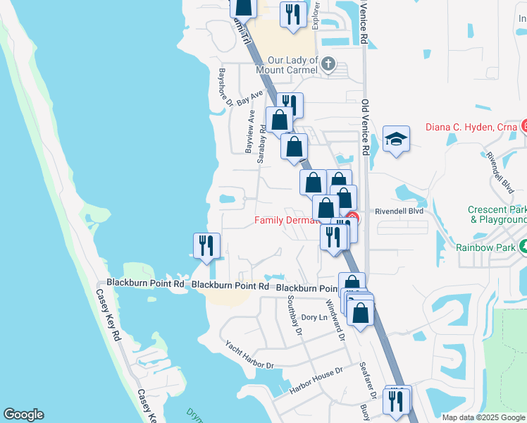 map of restaurants, bars, coffee shops, grocery stores, and more near 3964 Waypoint Avenue in Osprey
