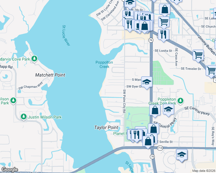 map of restaurants, bars, coffee shops, grocery stores, and more near 541 South Manor Drive in Stuart