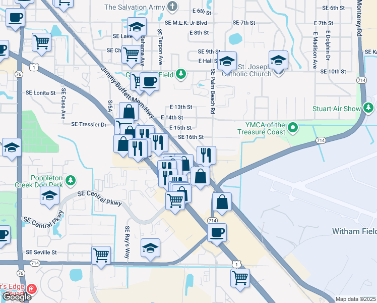 map of restaurants, bars, coffee shops, grocery stores, and more near 1619 Southeast Arapaho Avenue in Stuart