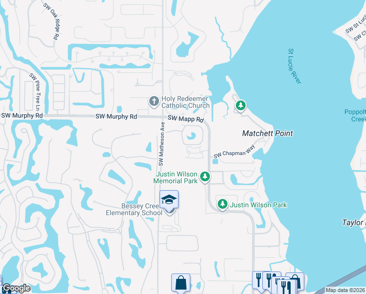 map of restaurants, bars, coffee shops, grocery stores, and more near 1595 Southwest Crossing Circle in Palm City