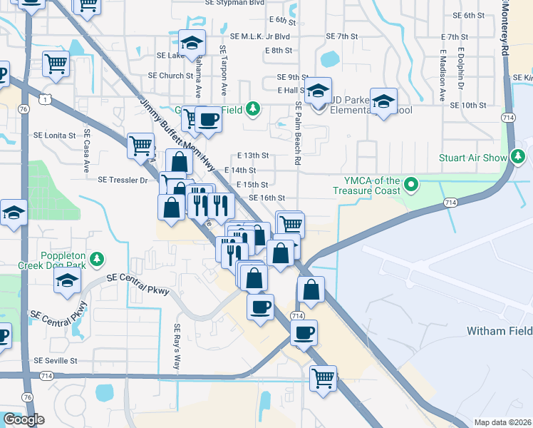 map of restaurants, bars, coffee shops, grocery stores, and more near 1619 Southeast Arapaho Avenue in Stuart