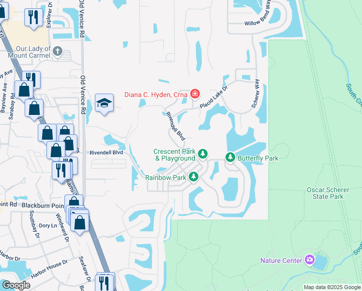 map of restaurants, bars, coffee shops, grocery stores, and more near 697 Clear Creek Drive in Osprey