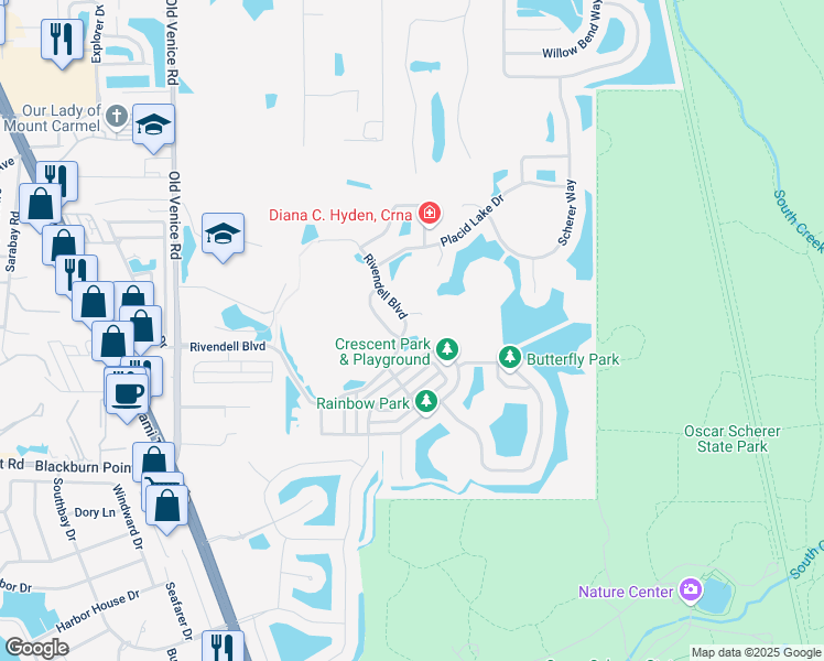 map of restaurants, bars, coffee shops, grocery stores, and more near 697 Clear Creek Drive in Osprey