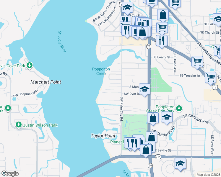 map of restaurants, bars, coffee shops, grocery stores, and more near 541 South Manor Drive in Stuart