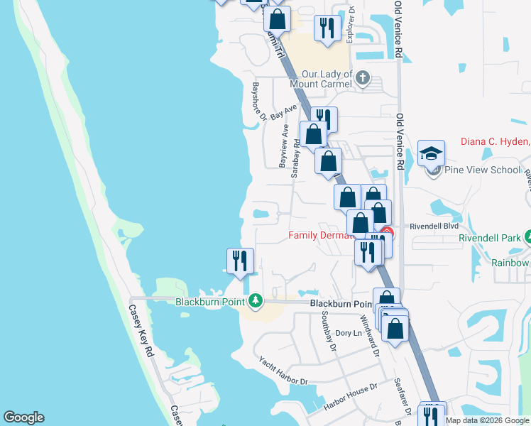 map of restaurants, bars, coffee shops, grocery stores, and more near 774 Sarabay Road in Osprey