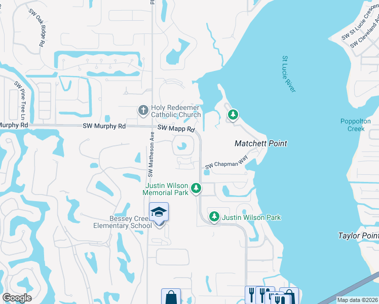 map of restaurants, bars, coffee shops, grocery stores, and more near 1622 Southwest Crossing Circle in Palm City