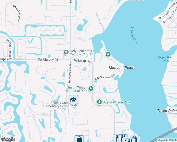 map of restaurants, bars, coffee shops, grocery stores, and more near 1622 Southwest Crossing Circle in Palm City