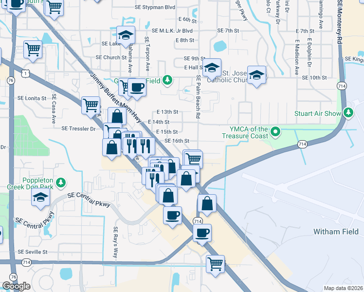 map of restaurants, bars, coffee shops, grocery stores, and more near 1619 Southeast Arapaho Avenue in Stuart