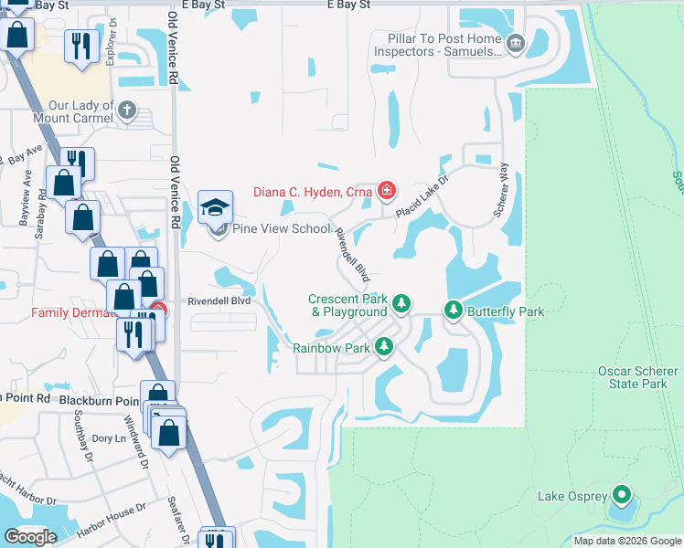 map of restaurants, bars, coffee shops, grocery stores, and more near 677 Clear Creek Drive in Osprey