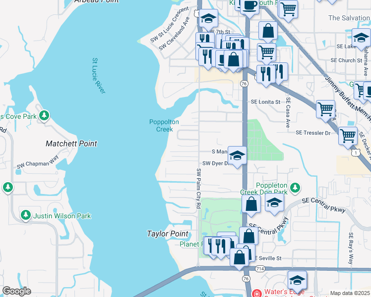 map of restaurants, bars, coffee shops, grocery stores, and more near 501 South Manor Drive in Stuart