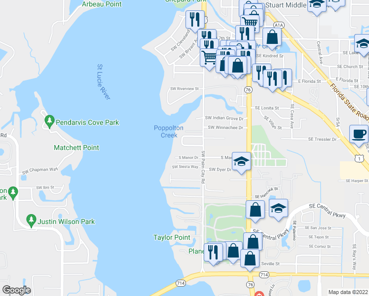 map of restaurants, bars, coffee shops, grocery stores, and more near 513 Southwest North Riverpoint Drive in Stuart