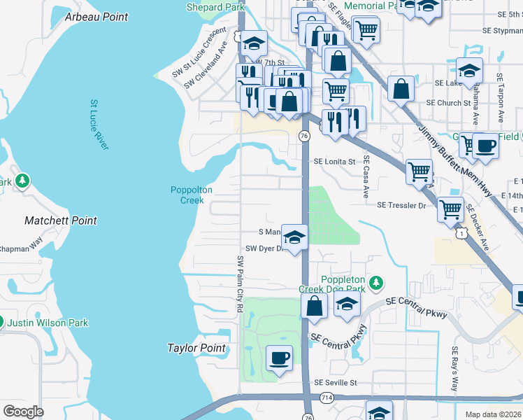 map of restaurants, bars, coffee shops, grocery stores, and more near 329 Southwest Ridge Lane in Stuart