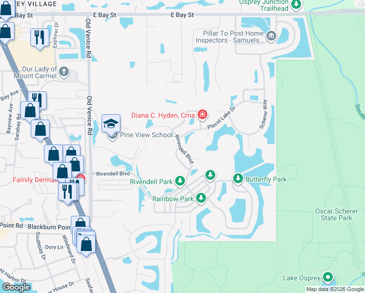 map of restaurants, bars, coffee shops, grocery stores, and more near 656 Clear Creek Drive in Osprey