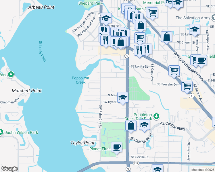 map of restaurants, bars, coffee shops, grocery stores, and more near 329 Southwest Ridge Lane in Stuart