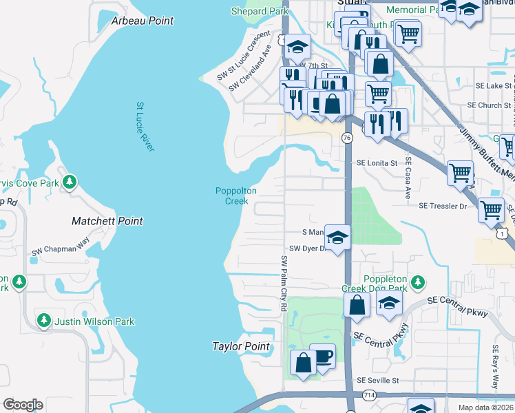 map of restaurants, bars, coffee shops, grocery stores, and more near 513 Southwest North Riverpoint Drive in Stuart
