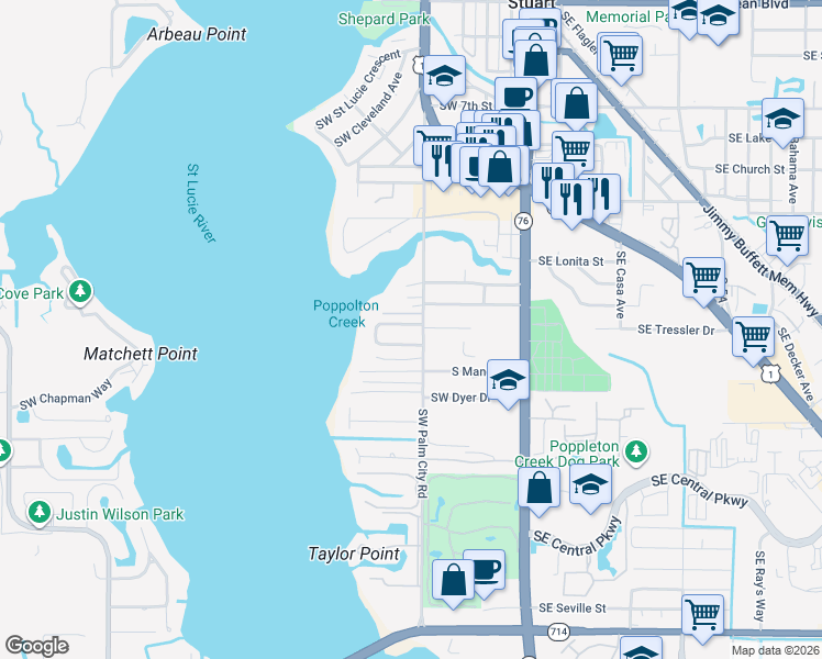 map of restaurants, bars, coffee shops, grocery stores, and more near 503 Southwest North Riverpoint Drive in Stuart