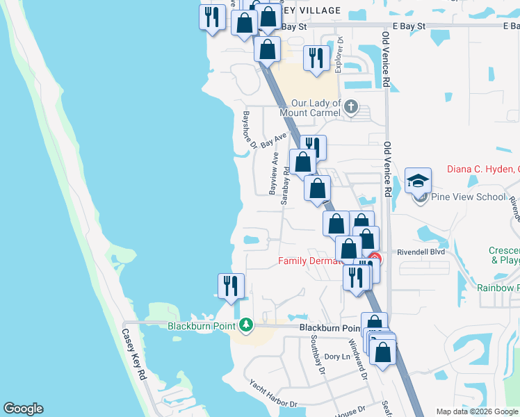 map of restaurants, bars, coffee shops, grocery stores, and more near 316 Kensey Lane in Osprey