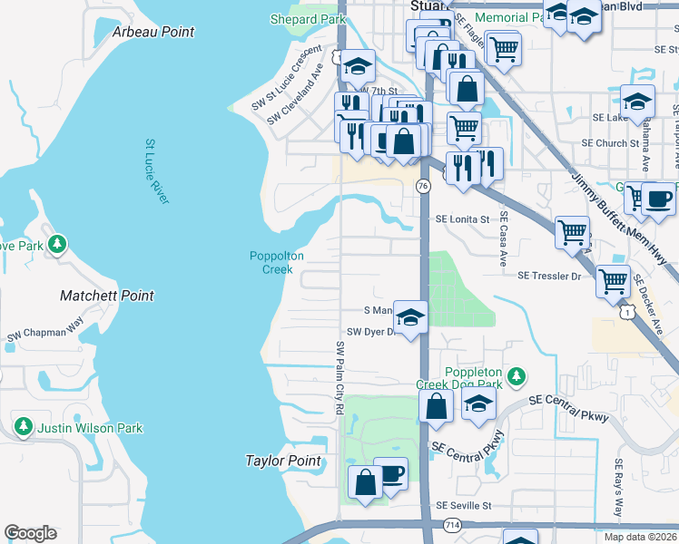 map of restaurants, bars, coffee shops, grocery stores, and more near 503 Southwest North Riverpoint Drive in Stuart