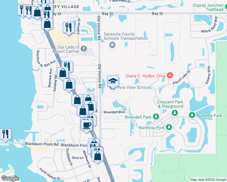 map of restaurants, bars, coffee shops, grocery stores, and more near 1 Python Path in Osprey