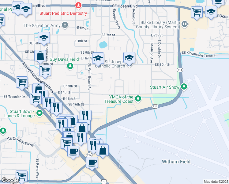 map of restaurants, bars, coffee shops, grocery stores, and more near 1360 Southeast West Saint Joseph Street in Stuart