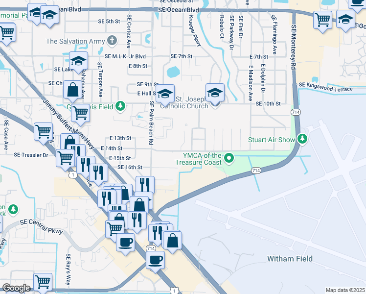 map of restaurants, bars, coffee shops, grocery stores, and more near 1305 Southeast Sea Oat Lane in Stuart