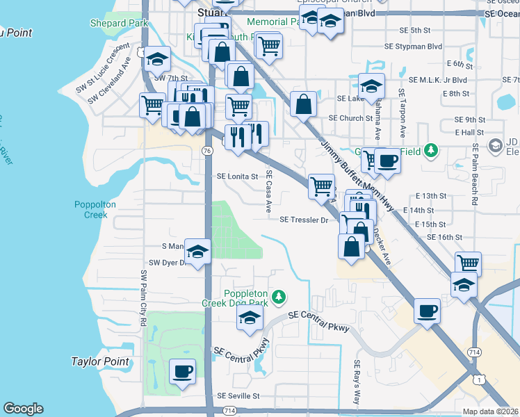 map of restaurants, bars, coffee shops, grocery stores, and more near 260 Southeast Villas Street in Stuart