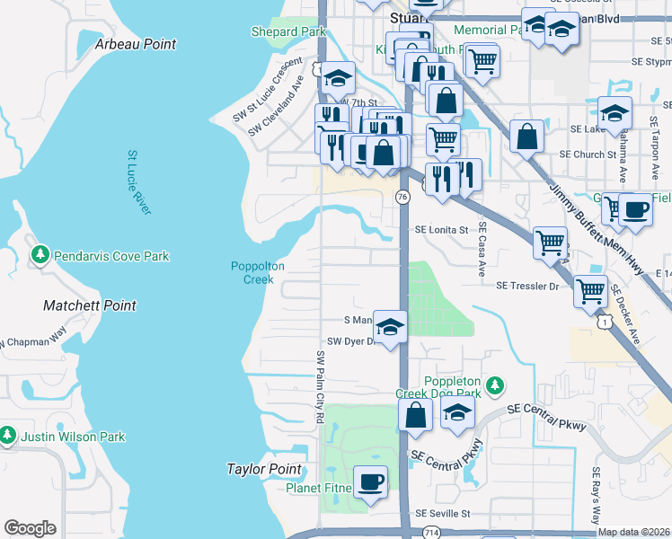 map of restaurants, bars, coffee shops, grocery stores, and more near 329 Southwest Indian Grove Drive in Stuart