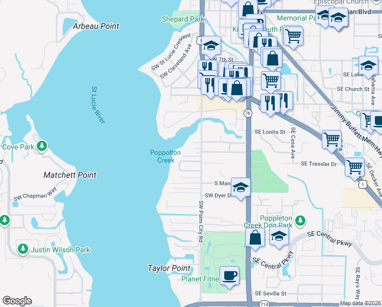 map of restaurants, bars, coffee shops, grocery stores, and more near 545 Southwest Indian River Court in Stuart