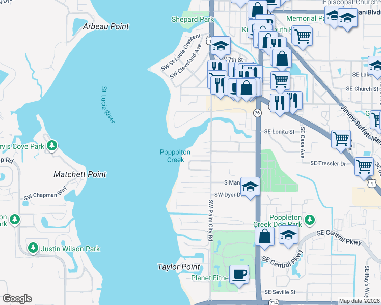 map of restaurants, bars, coffee shops, grocery stores, and more near 1410 Southwest Palm City Road in Stuart