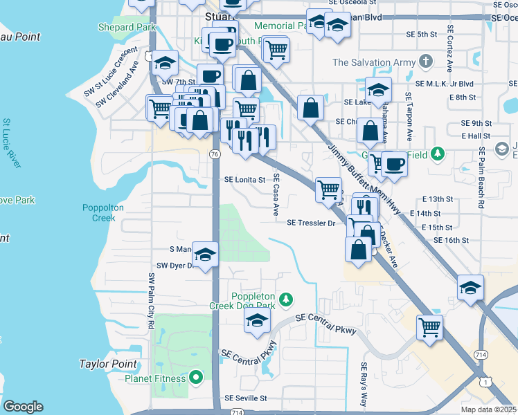 map of restaurants, bars, coffee shops, grocery stores, and more near 247 Southeast Villas Street in Stuart