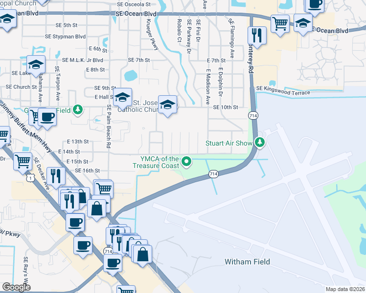 map of restaurants, bars, coffee shops, grocery stores, and more near 1280 Southeast Seashell Lane in Stuart
