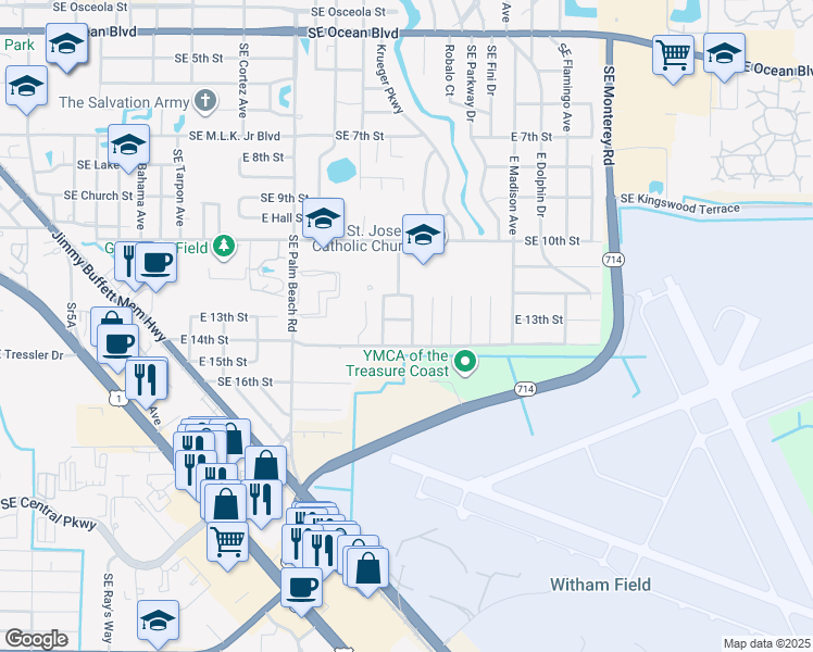 map of restaurants, bars, coffee shops, grocery stores, and more near 1161 Southeast 13th Street in Stuart