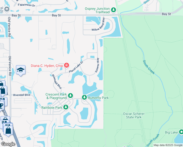 map of restaurants, bars, coffee shops, grocery stores, and more near 1031 Scherer Way in Osprey