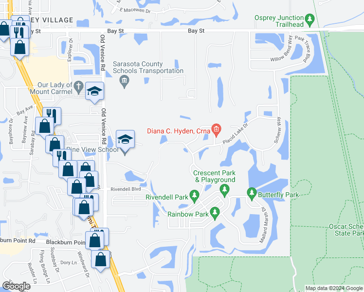 map of restaurants, bars, coffee shops, grocery stores, and more near 638 Rivendell Boulevard in Osprey